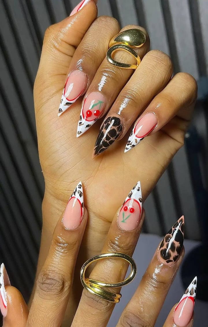 Acrylic set, medium — nude nails with cherry, leopard and cow-print art