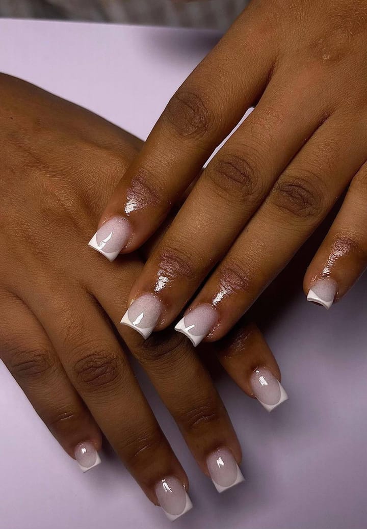 Acrylic set, short — nude square nails with white French tips